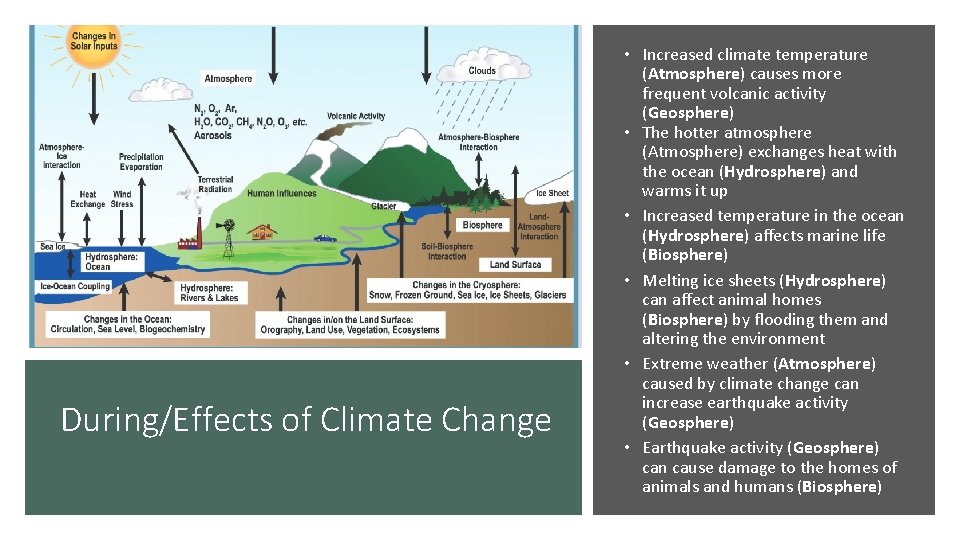 During/Effects of Climate Change • Increased climate temperature (Atmosphere) causes more frequent volcanic activity