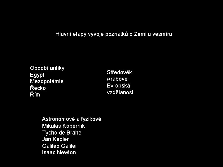 Hlavní etapy vývoje poznatků o Zemi a vesmíru Období antiky Egypt Mezopotámie Řecko Řím