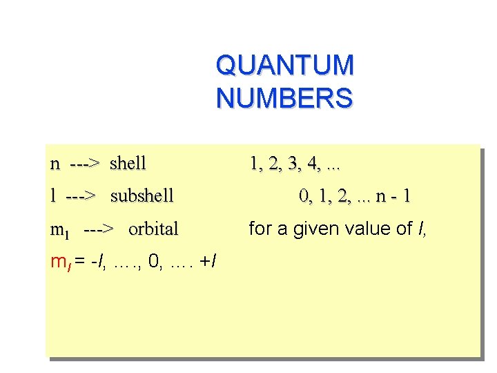 QUANTUM NUMBERS n ---> shell l ---> subshell ml ---> orbital ml = -l,