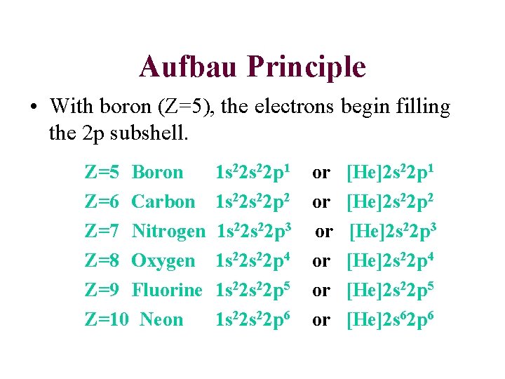 Aufbau Principle • With boron (Z=5), the electrons begin filling the 2 p subshell.