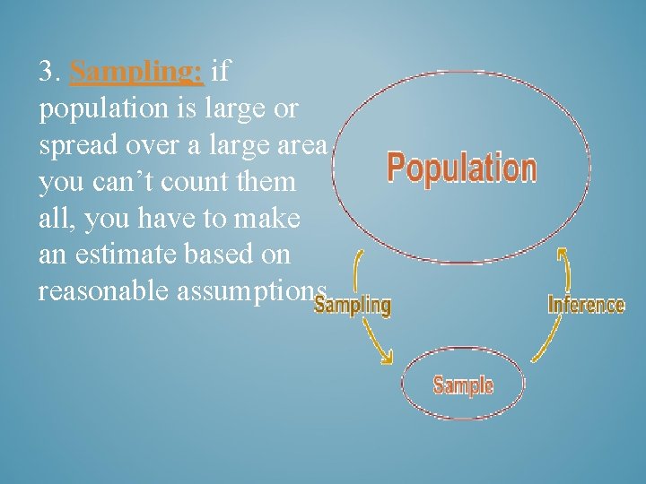 3. Sampling: if population is large or spread over a large area you can’t
