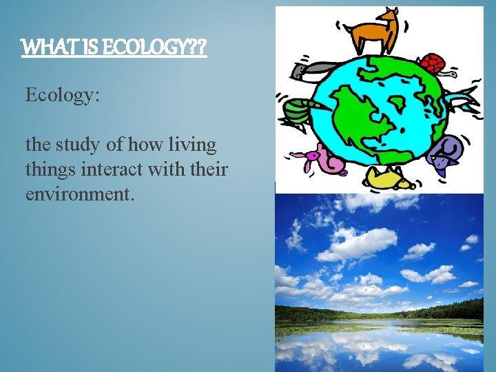 WHAT IS ECOLOGY? ? Ecology: the study of how living things interact with their
