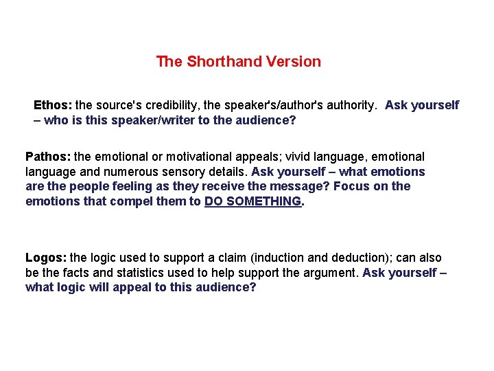 The Shorthand Version Ethos: the source's credibility, the speaker's/author's authority. Ask yourself – who The Shorthand Version Ethos: the source's credibility, the speaker's/author's authority. Ask yourself – who