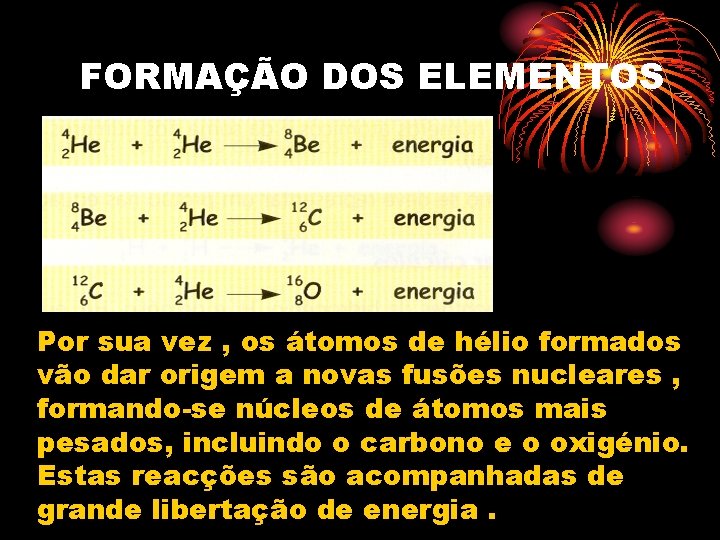 FORMAÇÃO DOS ELEMENTOS Por sua vez , os átomos de hélio formados vão dar