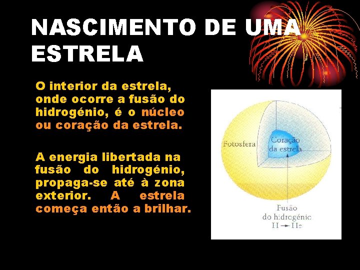 NASCIMENTO DE UMA ESTRELA O interior da estrela, onde ocorre a fusão do hidrogénio,