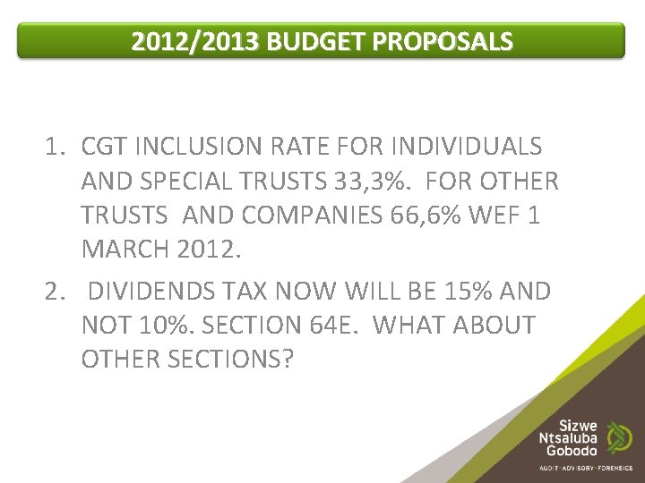 2012/2013 BUDGET PROPOSALS 1. CGT INCLUSION RATE FOR INDIVIDUALS AND SPECIAL TRUSTS 33, 3%.