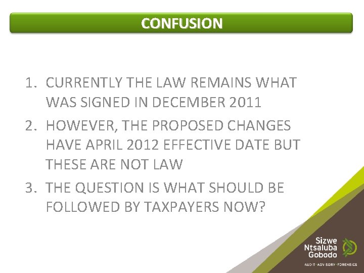 CONFUSION 1. CURRENTLY THE LAW REMAINS WHAT WAS SIGNED IN DECEMBER 2011 2. HOWEVER,