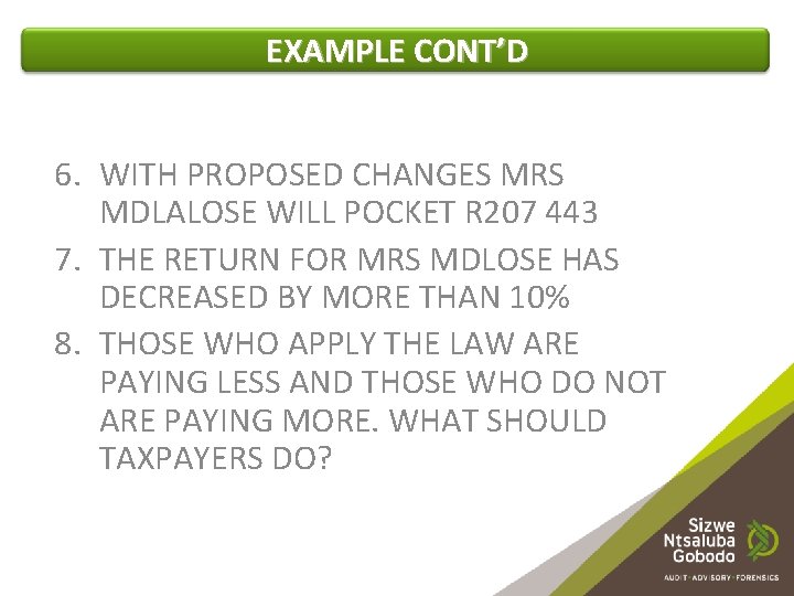 EXAMPLE CONT’D 6. WITH PROPOSED CHANGES MRS MDLALOSE WILL POCKET R 207 443 7.