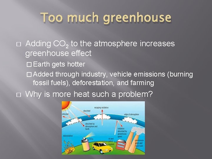 Too much greenhouse � Adding CO 2 to the atmosphere increases greenhouse effect �