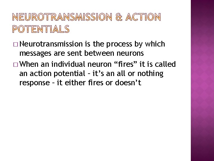 � Neurotransmission is the process by which messages are sent between neurons � When