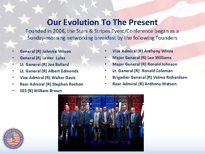 Our Evolution To The Present Founded in 2006, the Stars & Stripes Event/Conference began