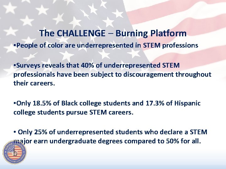 The CHALLENGE – Burning Platform • People of color are underrepresented in STEM professions