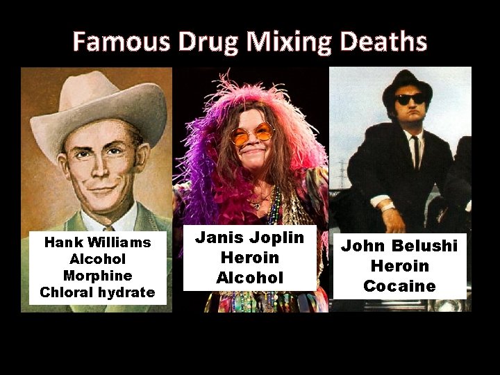 Famous Drug Mixing Deaths Hank Williams Alcohol Morphine Chloral hydrate Janis Joplin Heroin Alcohol