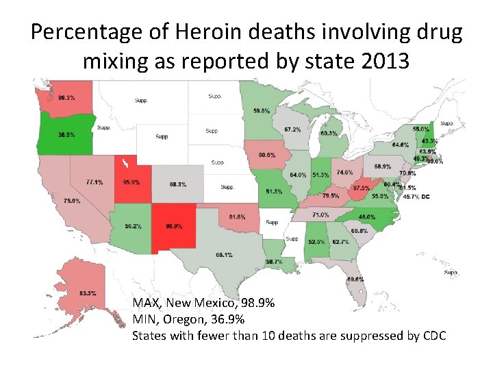 Percentage of Heroin deaths involving drug mixing as reported by state 2013 MAX, New