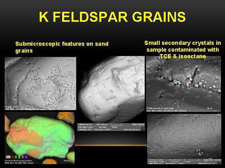 K FELDSPAR GRAINS Submicroscopic features on sand grains Small secondary crystals in sample contaminated
