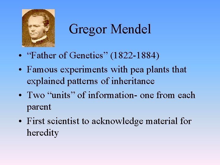 Gregor Mendel • “Father of Genetics” (1822 -1884) • Famous experiments with pea plants
