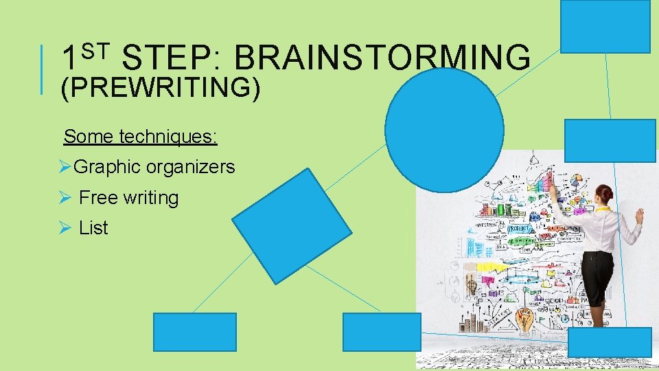 ST 1 STEP: BRAINSTORMING (PREWRITING) Some techniques: ØGraphic organizers Ø Free writing Ø List
