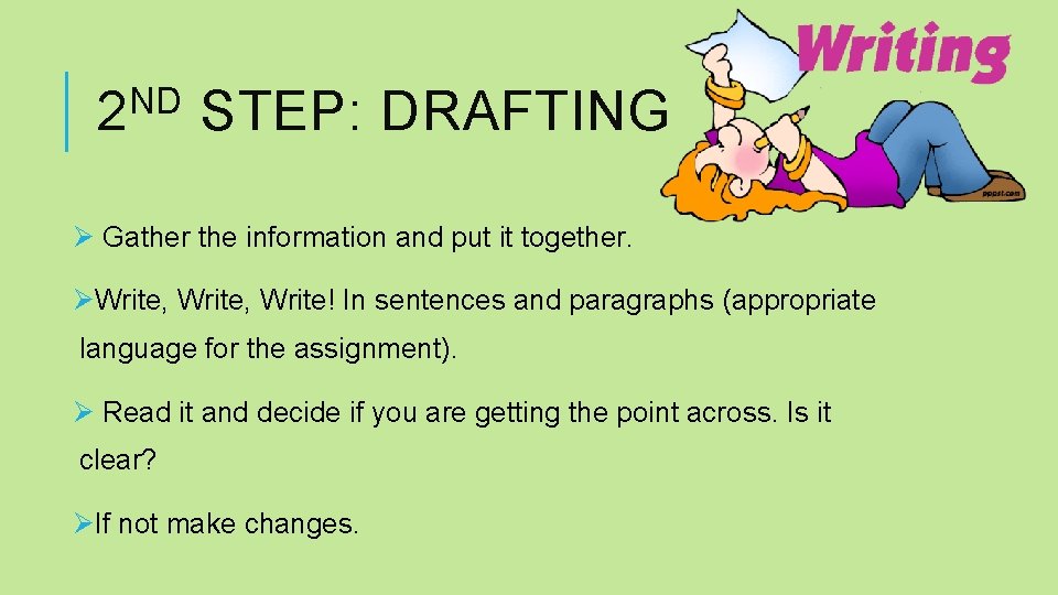 ND 2 STEP: DRAFTING Ø Gather the information and put it together. ØWrite, Write!