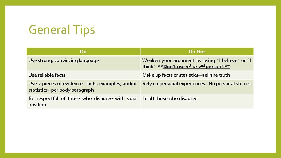 General Tips Do Do Not Use strong, convincing language Weaken your argument by using
