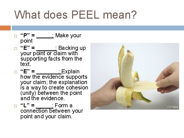 What does PEEL mean? “P” = _____: Make your point “E” = ______: Backing