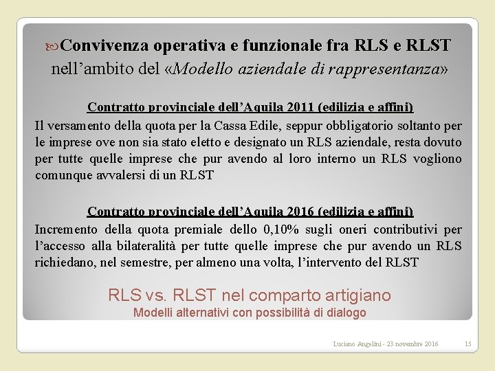  Convivenza operativa e funzionale fra RLS e RLST nell’ambito del «Modello aziendale di