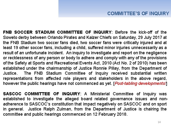 COMMITTEE’S OF INQUIRY FNB SOCCER STADIUM COMMITTEE OF INQUIRY: Before the kick-off of the