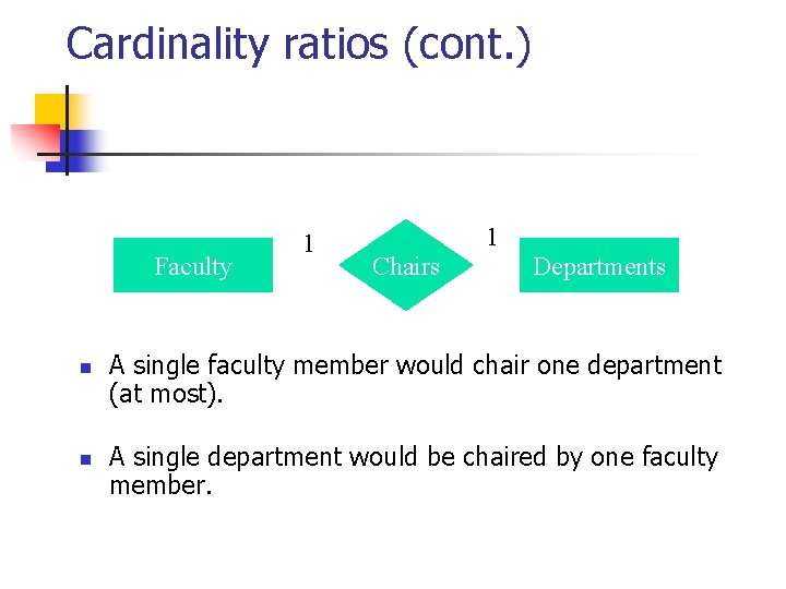 Cardinality ratios (cont. ) Faculty n n 1 1 Chairs Departments A single faculty