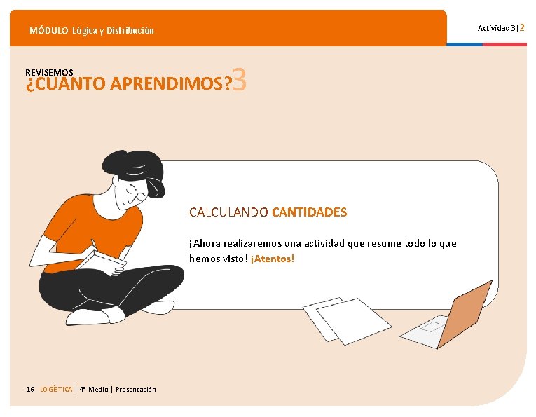 Actividad 3|2 MÓDULO Lógica y Distribución REVISEMOS 3 ¿CUÁNTO APRENDIMOS? CALCULANDO CANTIDADES ¡Ahora realizaremos Actividad 3|2 MÓDULO Lógica y Distribución REVISEMOS 3 ¿CUÁNTO APRENDIMOS? CALCULANDO CANTIDADES ¡Ahora realizaremos