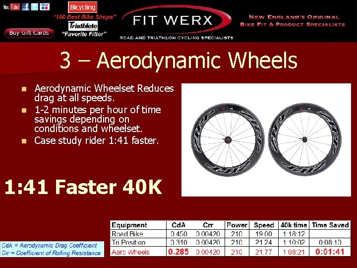 3 – Aerodynamic Wheelset Reduces drag at all speeds. n 1 -2 minutes per