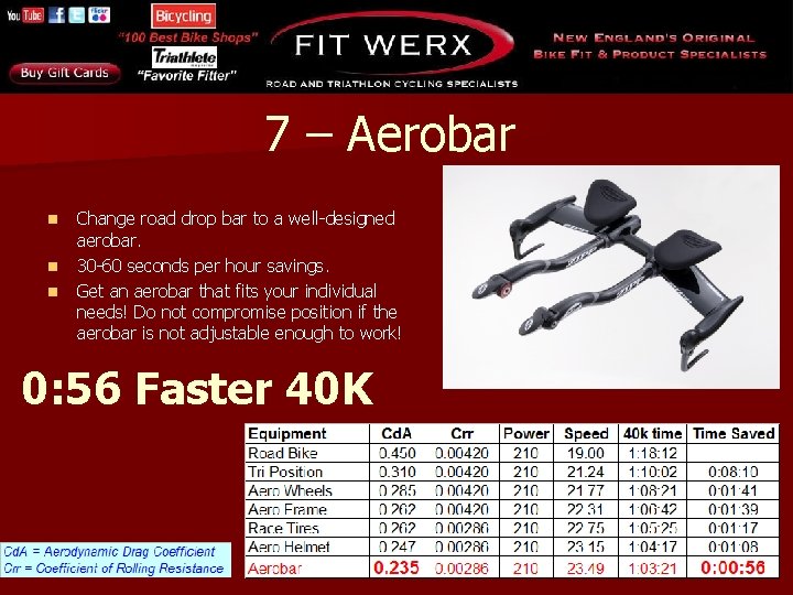 7 – Aerobar n n n Change road drop bar to a well-designed aerobar.