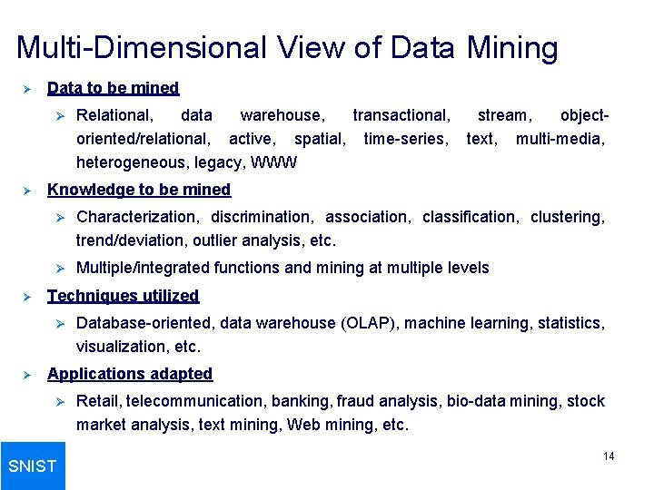 Multi-Dimensional View of Data Mining Ø Data to be mined Ø Ø Ø stream,