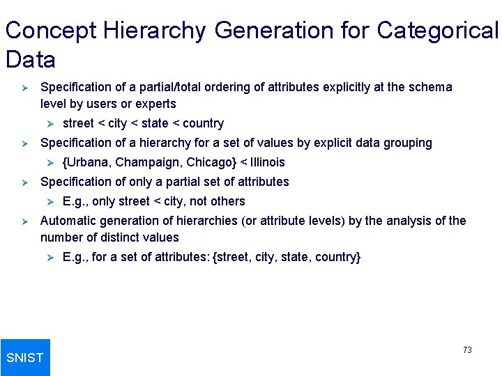 Concept Hierarchy Generation for Categorical Data Ø Specification of a partial/total ordering of attributes