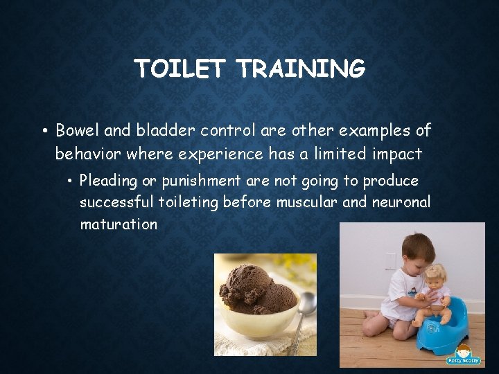 TOILET TRAINING • Bowel and bladder control are other examples of behavior where experience