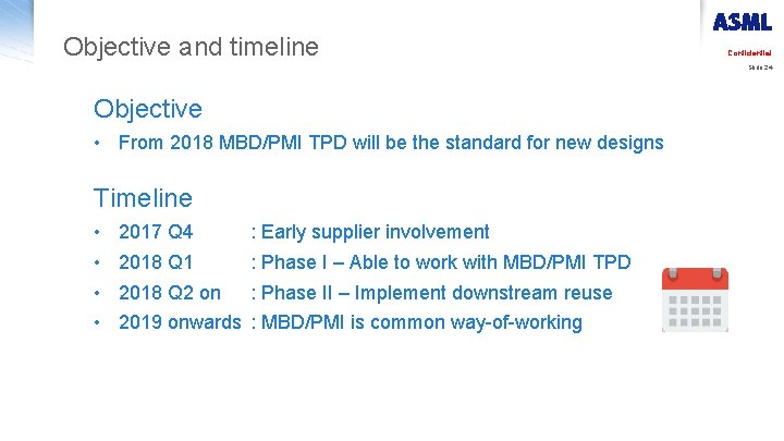 Objective and timeline Confidential Slide 24 Objective • From 2018 MBD/PMI TPD will be