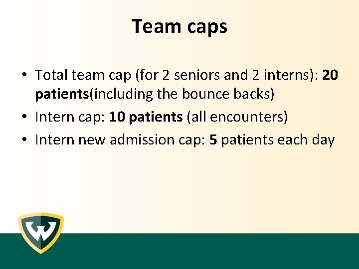Team caps • Total team cap (for 2 seniors and 2 interns): 20 patients(including