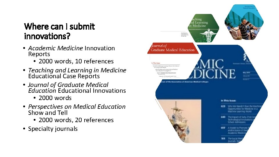 Where can I submit innovations? • Academic Medicine Innovation Reports • 2000 words, 10