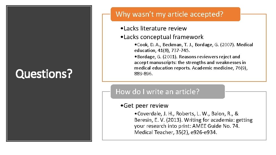 Why wasn’t my article accepted? • Lacks literature review • Lacks conceptual framework Questions?