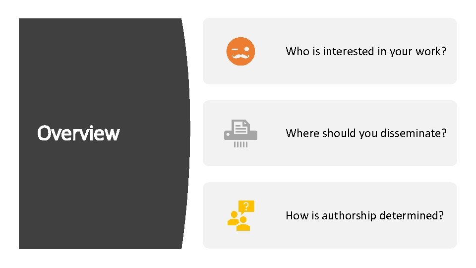 Who is interested in your work? Overview Where should you disseminate? How is authorship