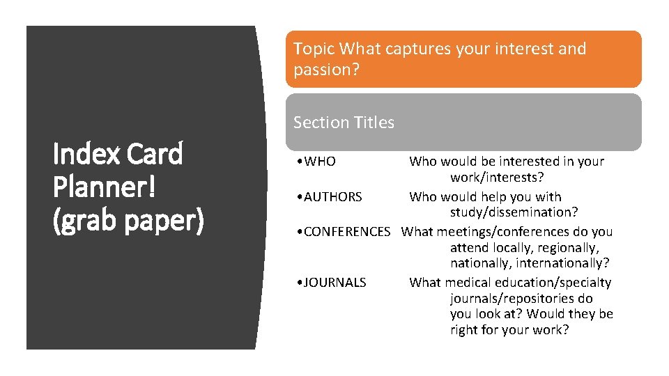 Topic What captures your interest and passion? Section Titles Index Card Planner! (grab paper)