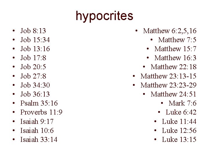 hypocrites • • • • Job 8: 13 Job 15: 34 Job 13: 16