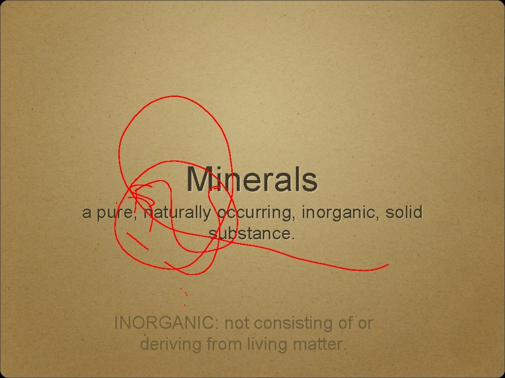 Minerals a pure, naturally occurring, inorganic, solid substance. INORGANIC: not consisting of or deriving