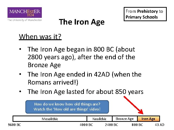 The Iron Age From Prehistory to Primary Schools When was it? • The Iron