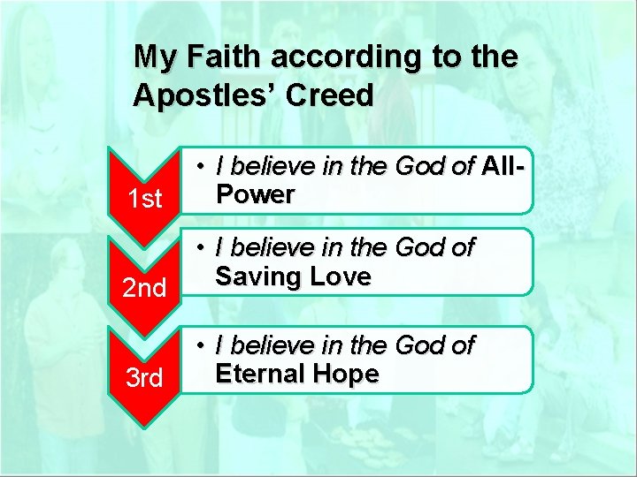 My Faith according to the Apostles’ Creed 1 st • I believe in the