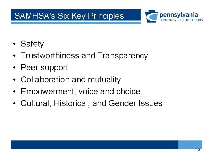 SAMHSA’s Six Key Principles • • • Safety Trustworthiness and Transparency Peer support Collaboration