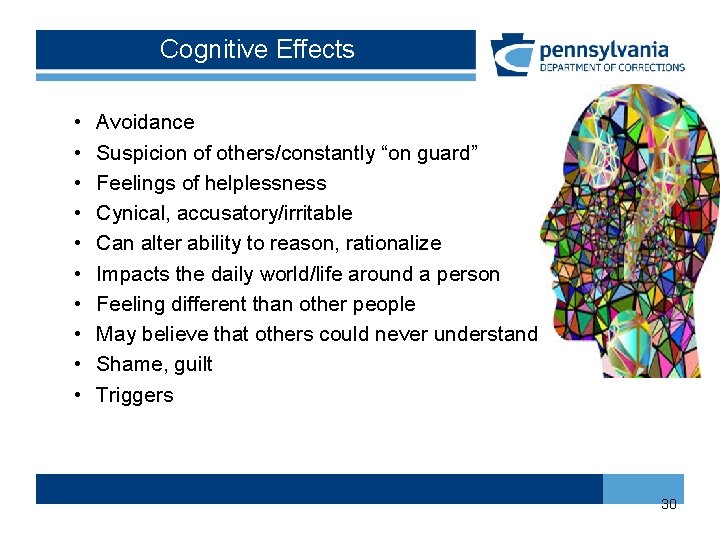 Cognitive Effects • • • Avoidance Suspicion of others/constantly “on guard” Feelings of helplessness