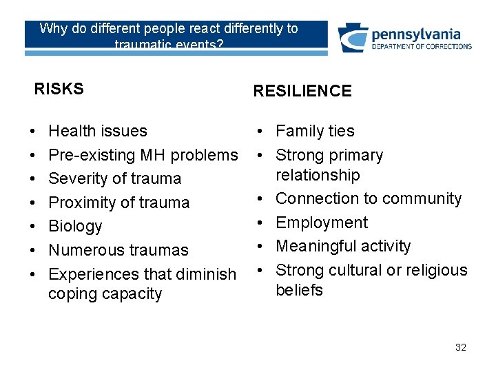 Why do different people react differently to traumatic events? RISKS RESILIENCE • • Family