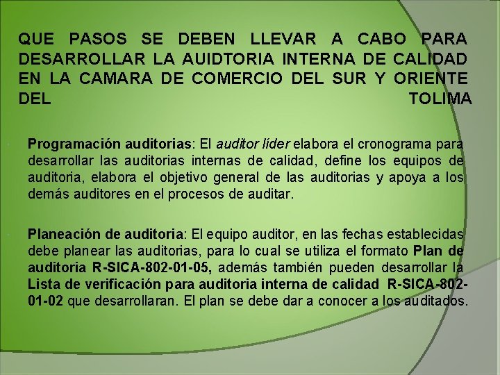 QUE PASOS SE DEBEN LLEVAR A CABO PARA DESARROLLAR LA AUIDTORIA INTERNA DE CALIDAD QUE PASOS SE DEBEN LLEVAR A CABO PARA DESARROLLAR LA AUIDTORIA INTERNA DE CALIDAD