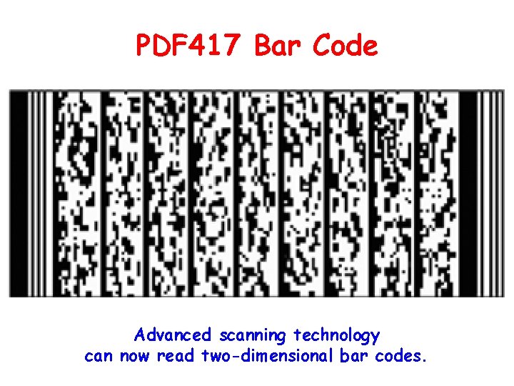 PDF 417 Bar Code Advanced scanning technology can now read two-dimensional bar codes. 