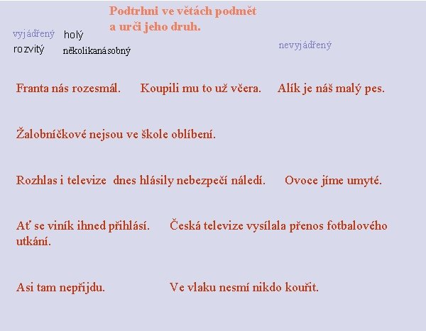 Podtrhni ve větách podmět a urči jeho druh. vyjádřený holý rozvitý několikanásobný Franta nás