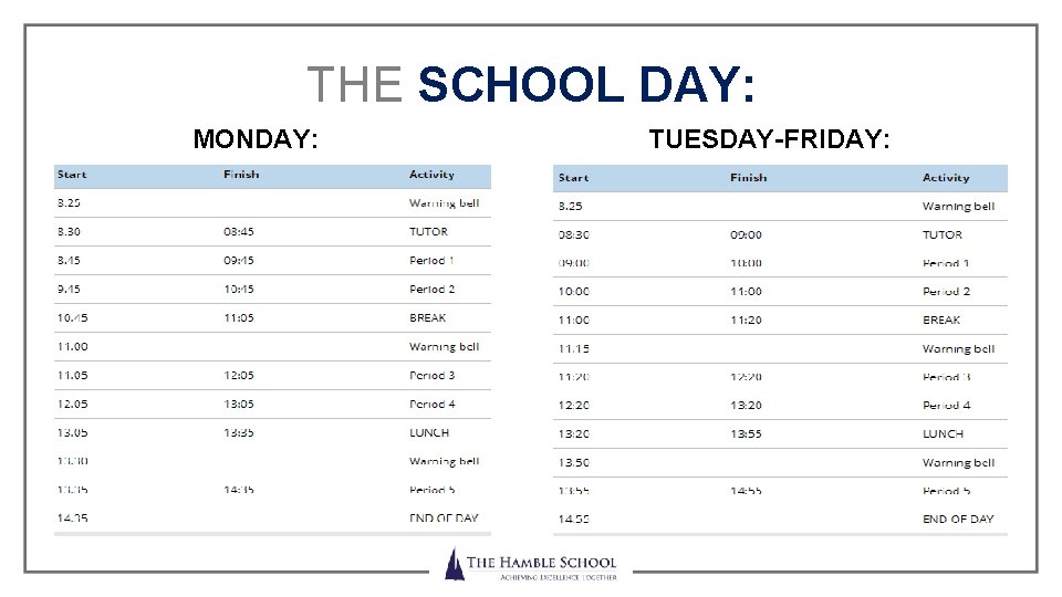 THE SCHOOL DAY: MONDAY: TUESDAY-FRIDAY: Achieving Excellence Together 